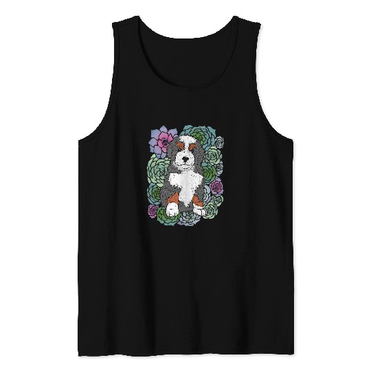 Cute Bernedoodle Puppy Tricolor and Colorful Succulents Tank Tops