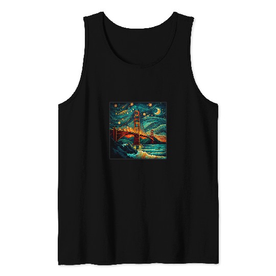 Surrealism Starry Night Golden Gate Bridge Tank Tops