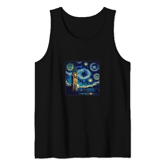 Surrealism Starry Night Great Clock Tower Tank Tops
