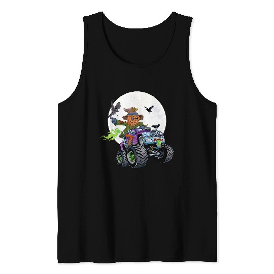 Scarecrow Monster Truck Creepy Halloween Jack O Lantern Kids Tank Tops
