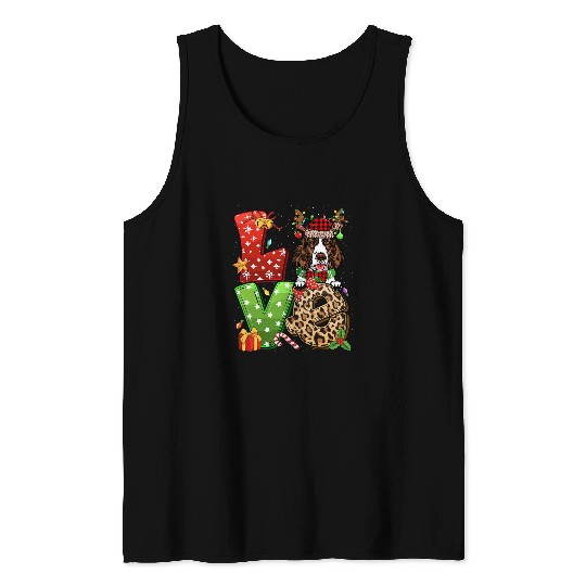 English Springer Spaniel Dog Reindeer Christmas Light Santa Tank Tops