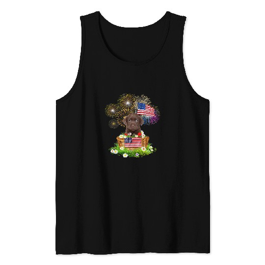 Labrador Lab Dog Chocolate Labrador Dog 4th July Basket American Flag Flower Tank Tops