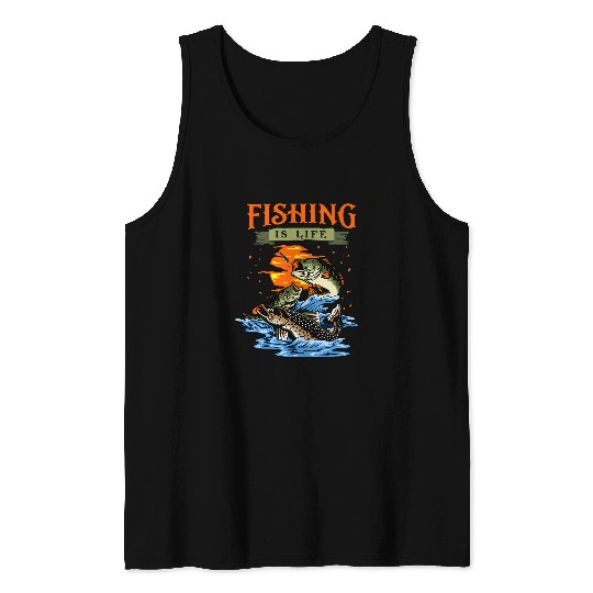 Fishing Is Life Catfish Crappie and Bass Retro Sunset Fish Fisher Tank Tops