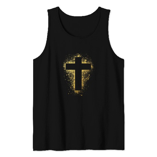 Gold Effect Crucifix paint splatter art God amen Tank Tops