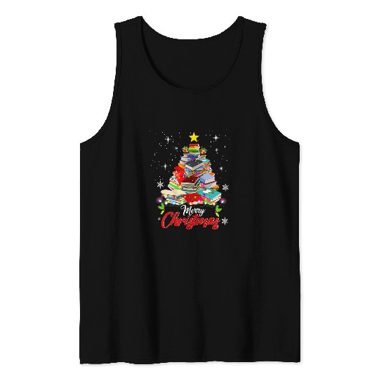 Reading Book Merry Christmas Tree Love Reading Books Librarian Nerd 3 Reader Tank Tops