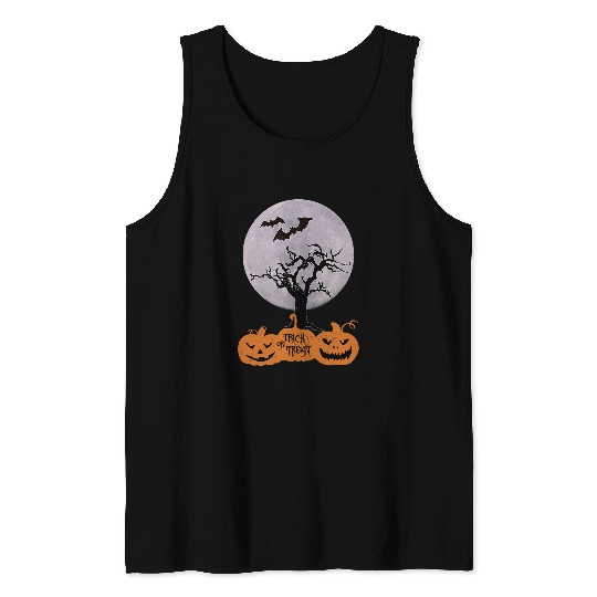 Full Moon Art Halloween Trick Treat Graphic Pumpkin Bats Tank Tops