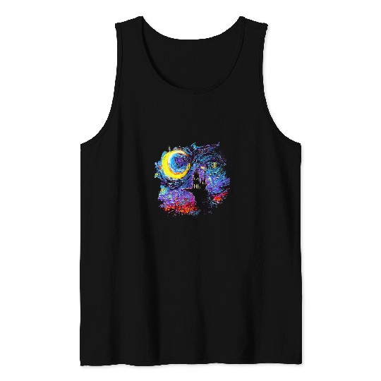 Haunted House with Moon and border Starry Night Art by Aja Tank Tops