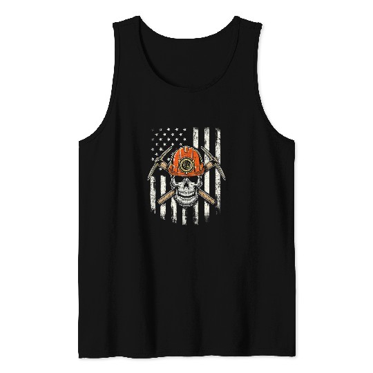 Skeletons Skulls Coal Miner Skull Patriotic Flag Pitman Underground Mining Skull Tank Tops