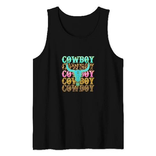 Retro Cow Skull Cowboy Killer Western Country Cowgirls Gift Tank Tops