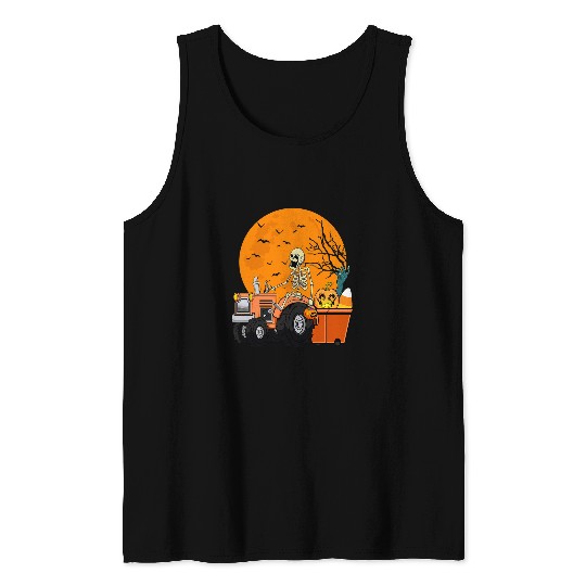 Tractor driving Skeletons Riding Tractor Funny Halloween 2 Tank Tops