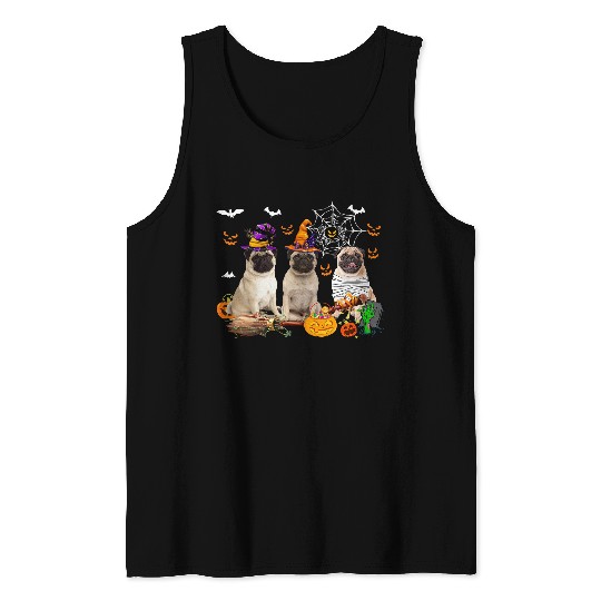 Pug Lover Three Pug Dogs Witch Halloween Mummy Scary Pumpkins Kids Pugs Dog Tank Tops