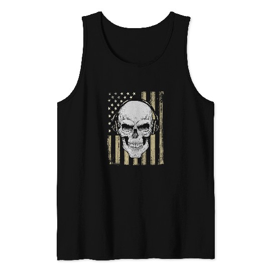 Skeletons Skulls Angry skull headphones house tecno party music mix musician Skull Tank Tops