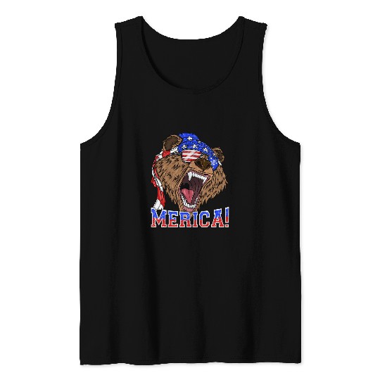 Funny Bear Merica Grizzly Bear 4th of July Patriotic Men Women Cute Bears Tank Tops