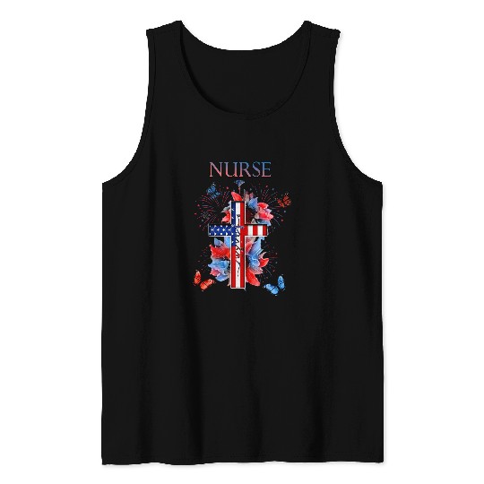 Faith Cross Us Flag Sunflower Butterflies nurses Christian Tank Tops