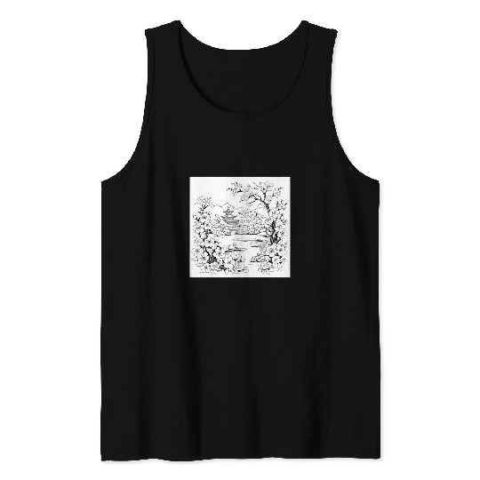 Ephemeral Zen Sonata Sakura Bridge in Monochrome Art Tank Tops