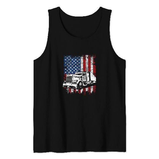 Mens Trucker American Flag Truck Driver Semi Truck ON BACK Tank Tops