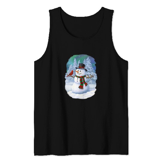 Christmas Snowman Cardinal Bird Chickadees Winter Snow Scene Tank Tops