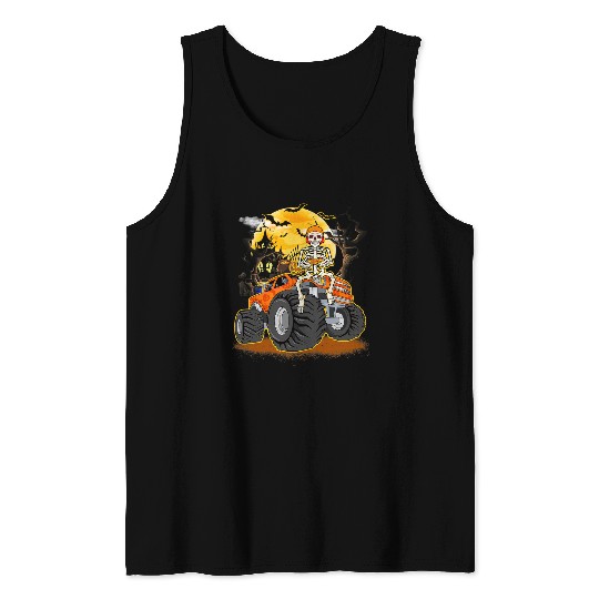 Skeletons Skulls Playing Game Funny Monster Truck Halloween Vibes Skull Tank Tops