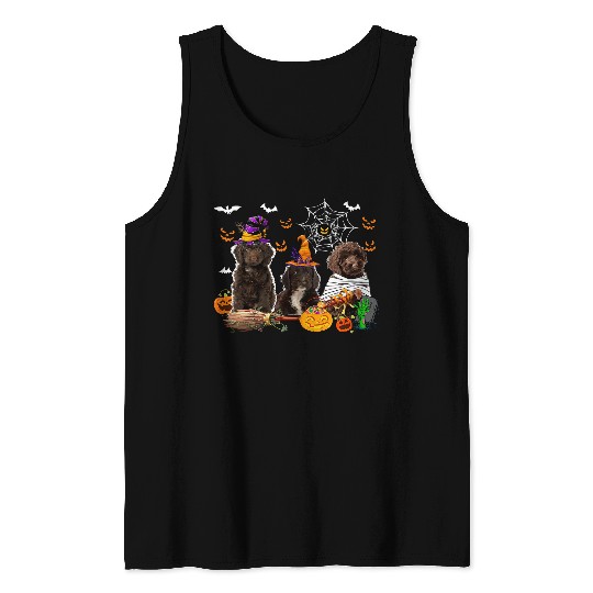 Three Sproodle Dogs Witch Halloween Mummy Scary Pumpkins Tank Tops