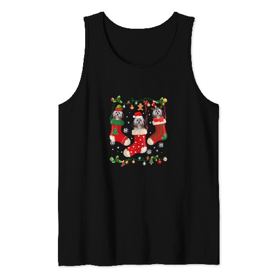 Three Shih Tzu In Sock Christmas Santa xmass Dog Tank Tops