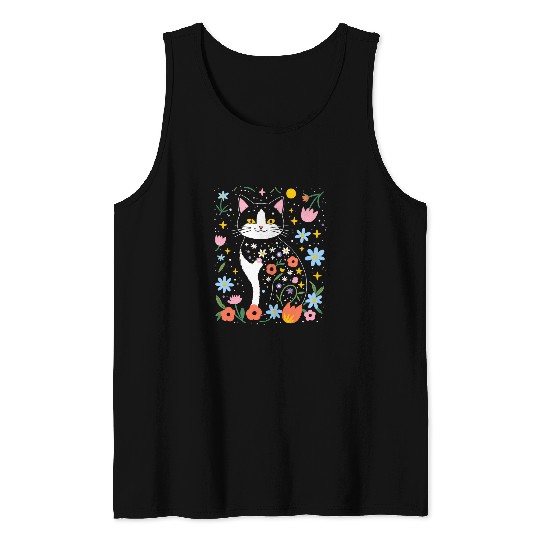 Botanical Art Cottagecore Kawaii Cat Tank Tops
