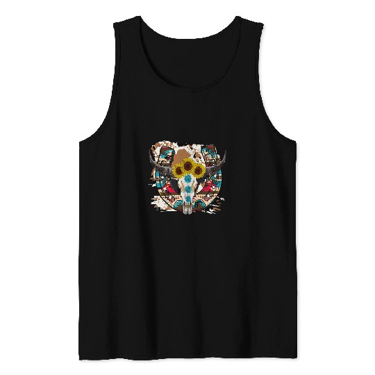 Skeletons Skulls Sunflower Gemstone Bull Skull Rodeo Dad Western Country Girl Skull Tank Tops