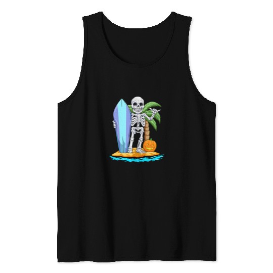 Skeletons Skulls Surfing Halloween Jack O Lantern Pumpkin Surfer Skull Tank Tops