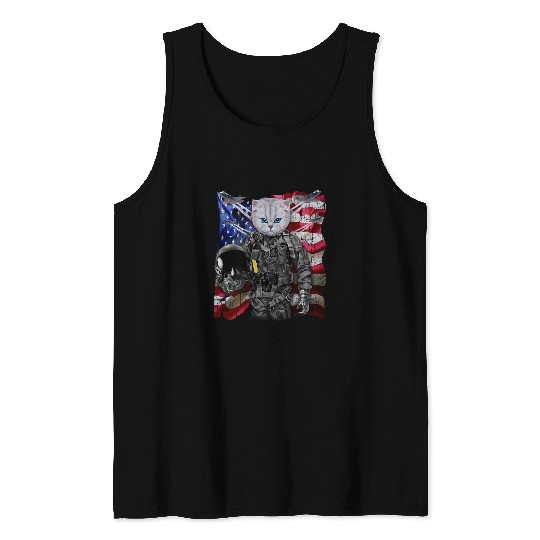 Fluffy White Cat Fighter Jet Pilot with Flag of USA Tank Tops