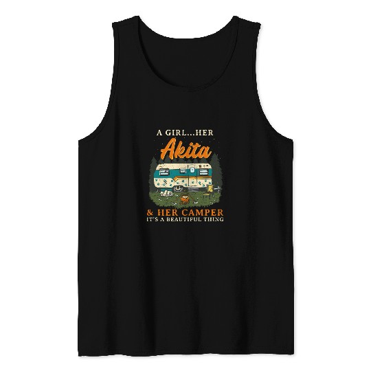 A Girl Her Akita and Her Camper Akita Inu Camping Tank Tops