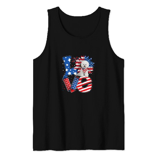 4th of July Decor Patriotic LOVE Bichon Frise Dog USA Flag Tank Tops