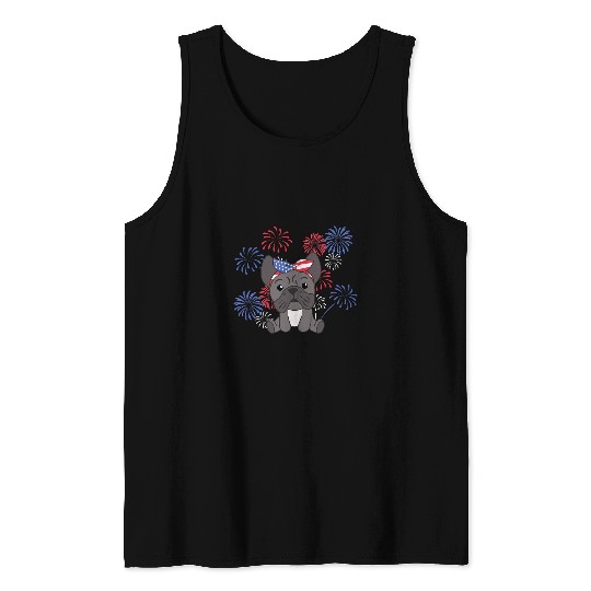 4th Of July American French Bulldog Kids Usa Fireworks Dog Tank Tops