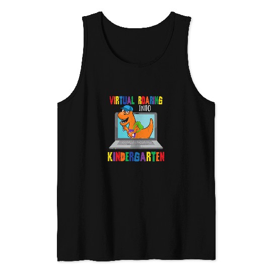 Virtual roaring into kindergarten funny dinosaur student kid Tank Tops