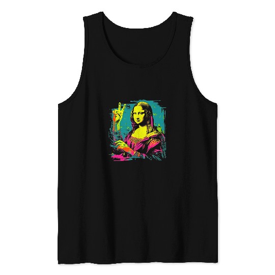 Funny Mona Lisa Cool Retro Y2K EDM Mona Lisa Peace Sign Tank Tops