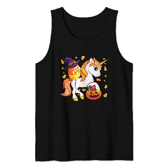 Candy Corn As Witch Riding Unicorns Halloween Carved Pumpkin Tank Tops