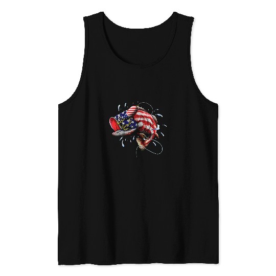 Fishing Bass Fishing US Flag 4th July Fish Angler Dad Fathers Day Fisher Tank Tops