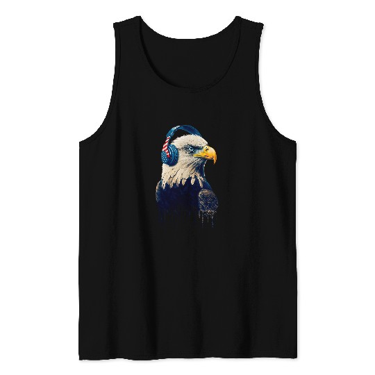American Bald Eagle Wearing Flag Headphones Rock and Roll Tank Tops