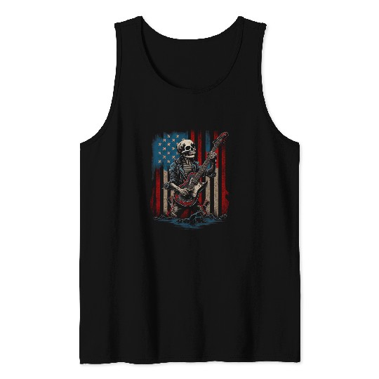 American Flag Guitar Rock and Roll Skull Guitarist Graphic Tank Tops