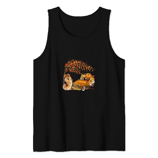 Pekingese Wearing Hat Fall Tree Pickup Truck Pumpkins Tank Tops