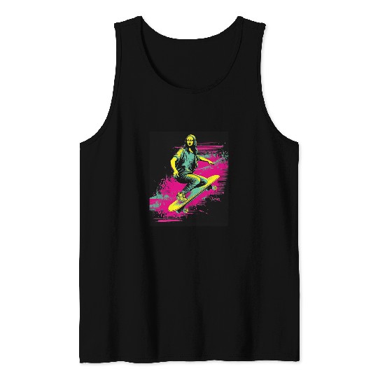 Funny Mona Lisa Skateboarding Cool Retro Y2K EDM 1 Tank Tops