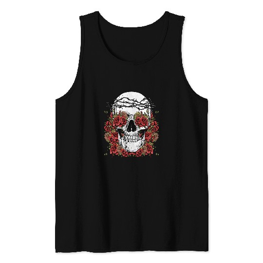 Skeletons Skulls Lover Skeletons WITH BARBWIRE CROWN ON A BED OF ROSES Skeletons rose Skull Tank Tops