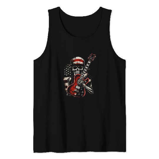 American Flag Guitar vintages Rock and Roll Skull Guitarist 1 Tank Tops