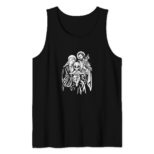 Christian Alien Baby Jesus Mary And Joseph Attend Pagan Atheist Party Christ Tank Tops