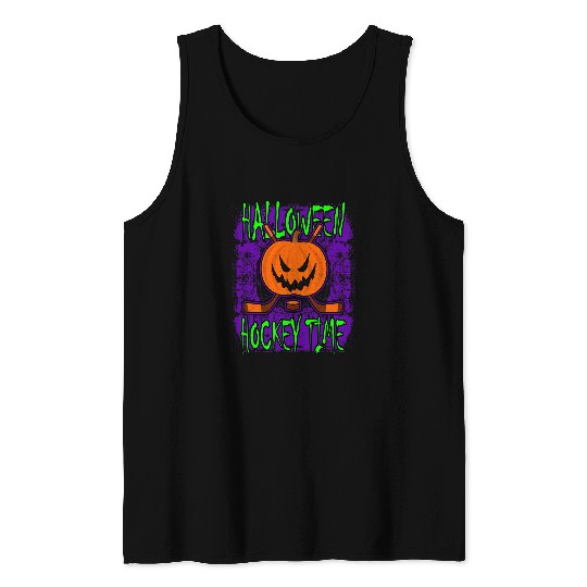 Sport Hockey Halloween Hockey Time with Spooky Pumpkin and Hockey Sticks Tank Tops