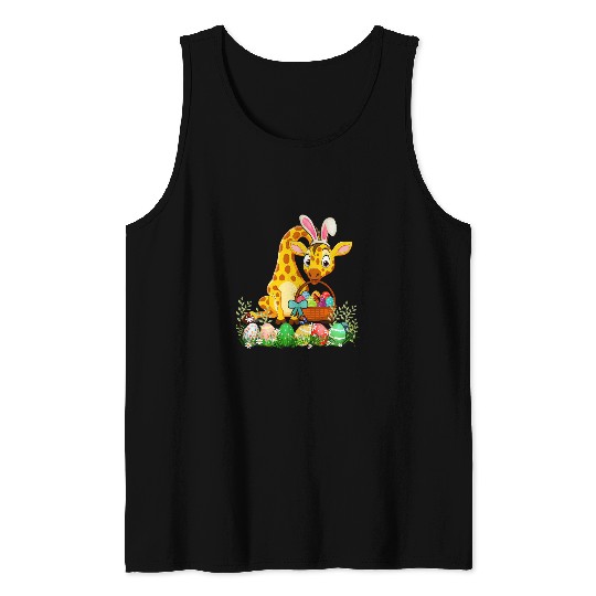 Happy Easter Bunny Giraffe Holding Easter Egg Basket Tank Tops
