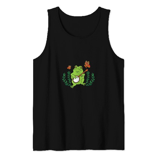 Funny Banjo Frog Cottagecore Aesthetic Kawaii Frog Playing Banjo Toad Flower 2 Tank Tops