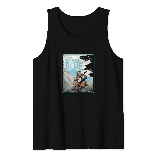 Funny Banjo Cute Cottagecore Grizzly Bear Playing Banjo My Grass Is Blue Tank Tops