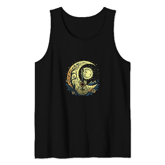 Funny Guitar Acoustic Guitar With Sun Moon And Stars 1 Guitarist Tank Tops