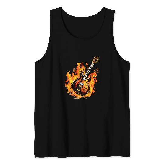 Funny Guitar Burning Guitar Rock And Roll Flames Music Lover Print Tank Tops