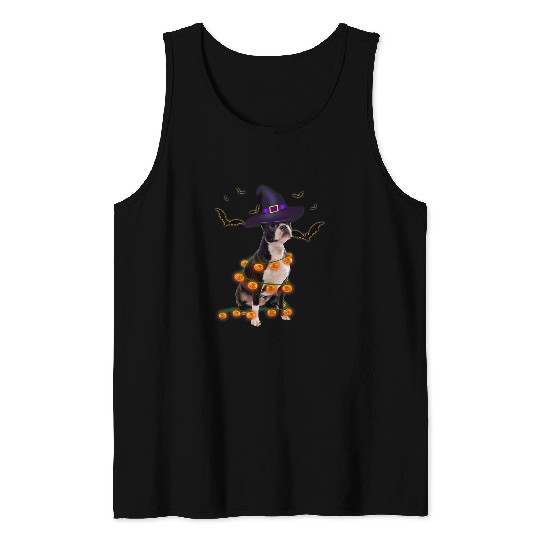 Boston Terrier Pet Wizard Hat Tree Lights Pumpkin Halloween Tee Tank Tops