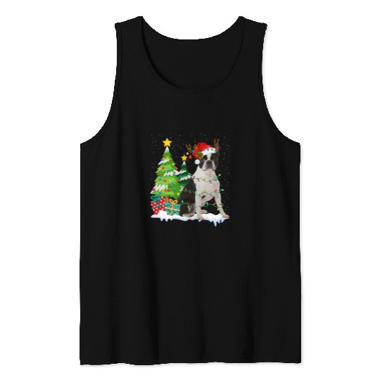 Boston Terrier Pet Santa Hat Reindeer Christmas Lights Tank Tops